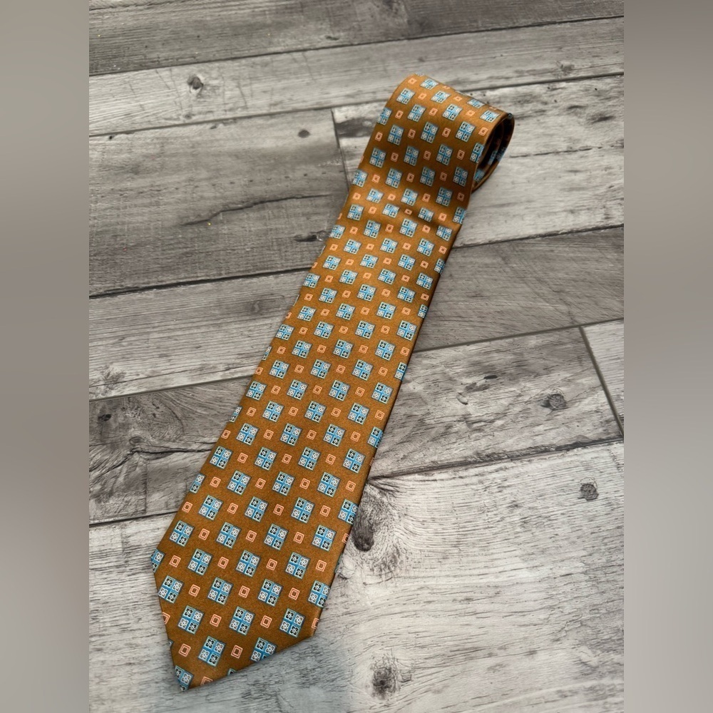 Ermenegildo Zegna Mens Necktie 100% Silk Made Italy Gold Blue Geometric Vintage